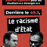 Maintien de la suppression des APL pour les étudiant·e·s étranger·e·s. Derrière le 43.9, le racisme d'État. Photos de Sébastien Lecornu et Olivier Faure le visage fermé, en noir et blanc et trame d'imprimerie. Fond orange.